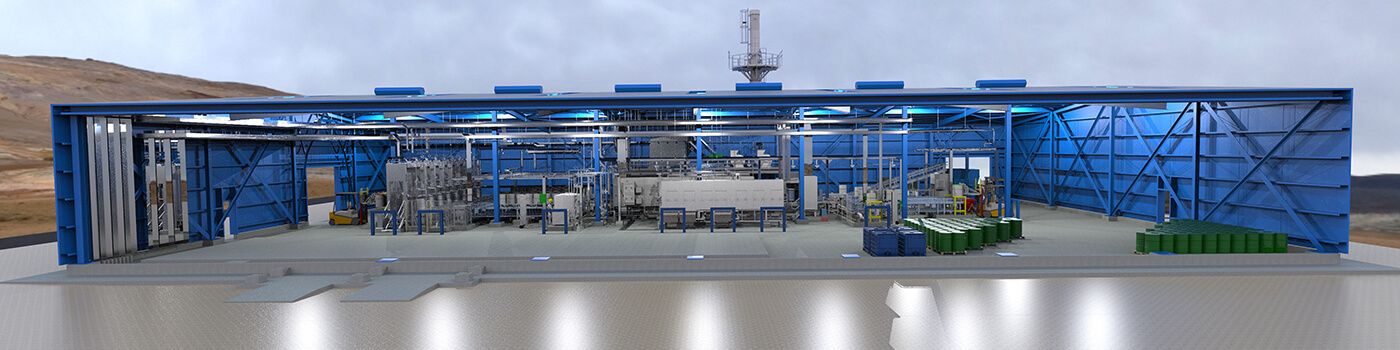 Querschnitt eines großen Industriegebäudes mit komplexer technischer Anlage und mehreren grünen Fässern auf der rechten Seite.